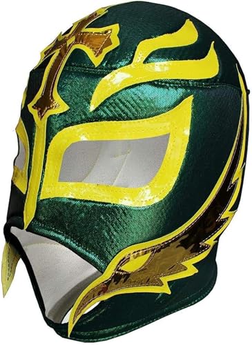 REY MISTERIO Lucha Libre Wrestling Mask (PRO - Fit) Green, Yellow & Golden Colors - Costume Wear by Make It Count