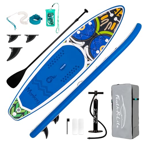FEATH-R-LITE Inflatable Paddle Board Stand Up Paddleboards for Adults SUP with Premium Accessories Pump, Adjustable Paddle, Leash, Three Fins, Backpack (Blue Monkey)