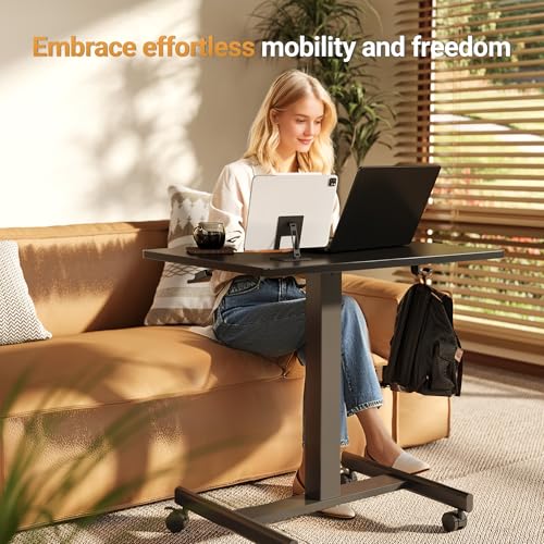 Image of YDN Mobile Mobile Standing Desk, Adjustable Height Portable Laptop Desk with Lockable Wheels, 25.5 inch x 18.8 inch Rolling Desk with Hook for Computer Workstation, Black