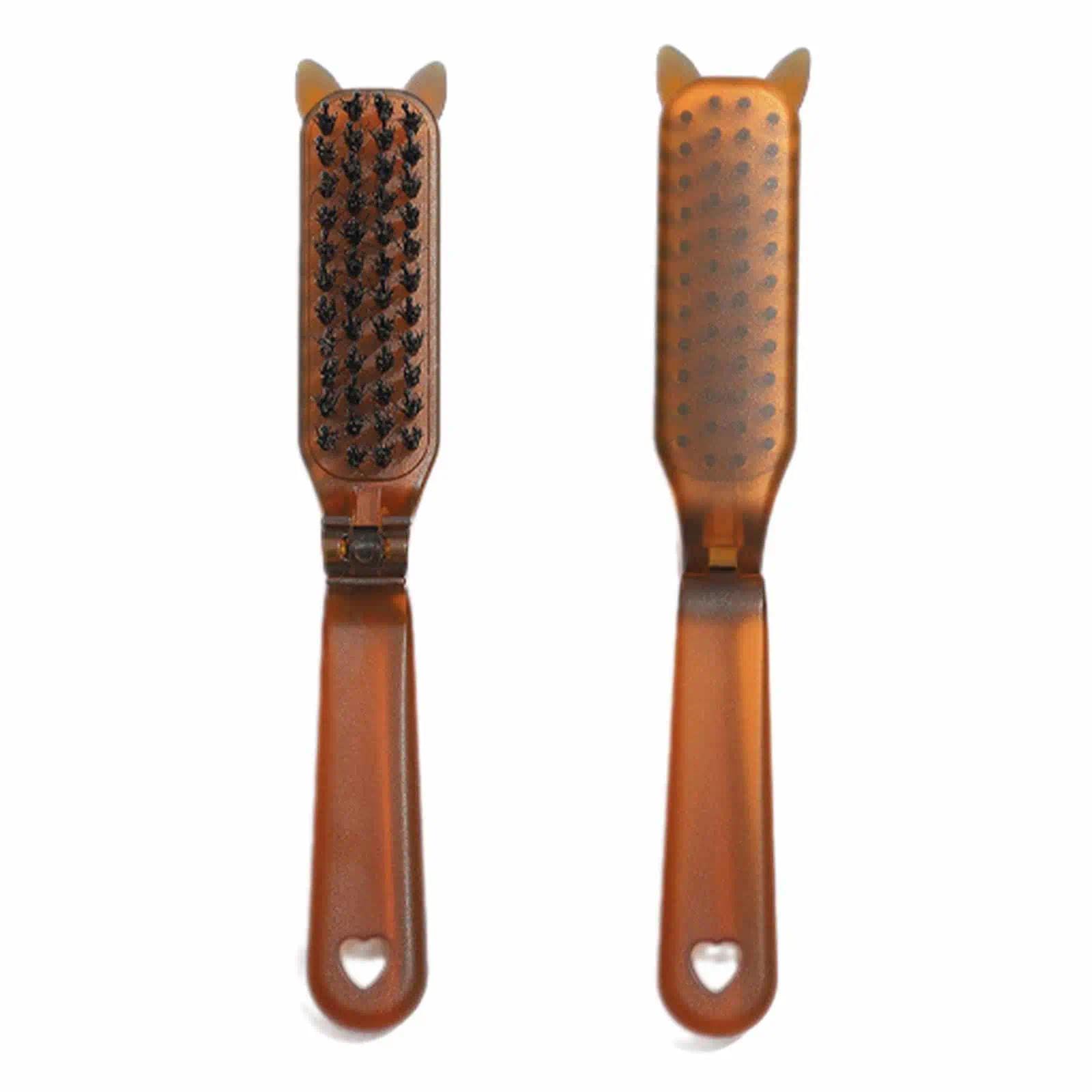 Mini Boar Bristle Brush, 2-Pack Travel Compact Collapsible for Hair Shine Smoothing Detangling, Amber