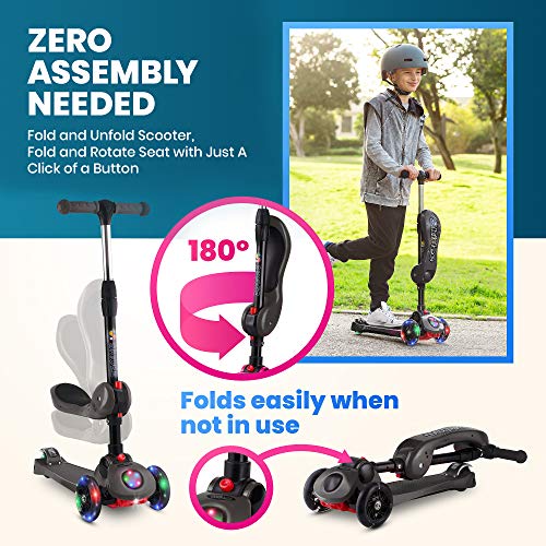 SKIDEE Y100 2-in-1 Scooter for Kids with Folding Removable Seat Zero Assembly–Adjustable Height Kick Scooter for Toddlers Girls & Boys 2-12 Years-Old – Fun Outdoor Toys for Kids 3 LED Flashing Wheels - Thumbnail 5