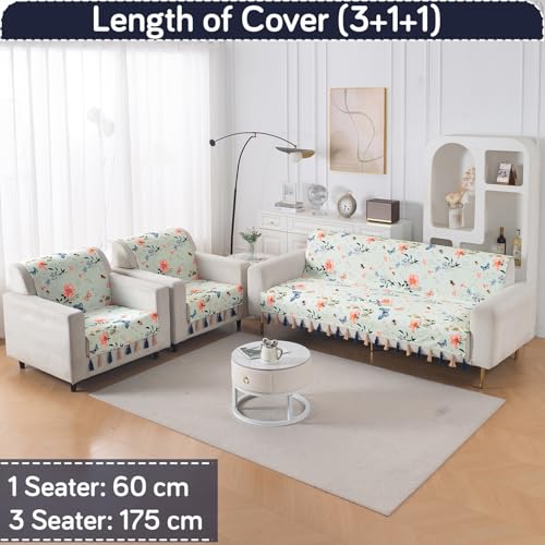 Image of HOKIPO 5 Seater Sofa Cover with Tassel in 3+1+1 Configuration | Full Protection for Seat and Back | Printed Holland Velvet | 'Whispers of Nature' | Pastel Butterfly Meadow (IN-1127+1125-D2*2)