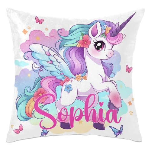 Personalized Cute Unicorn Square Pillowcase for Kids-Girls,Custom Name Cushion Covers,Custom Gifts Throw Pillow Cover for Girls Children Birthday,for Sofa Car Bedroom Living Room (Cover Only)