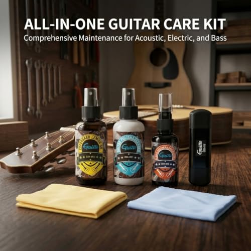 Image of Guitar Cleaning Kit All in One - Guitar Care Kit with Fretboard Lemon Oil, Guitar Polish, String Cleaner for Acoustic Guitar, Electric Guitar, Bass - Microfiber Cloths GSN-01