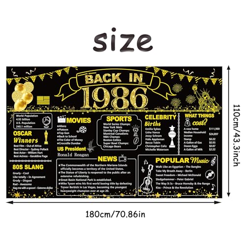 Image of DARUNAXY 40th Birthday Black Gold Party Decoration, Back in 1986 Banner 40 Year Old Birthday Party Poster Supplies Vintage 1986 Backdrop Photography Background for Men & Women 40th Class Reunion Decor