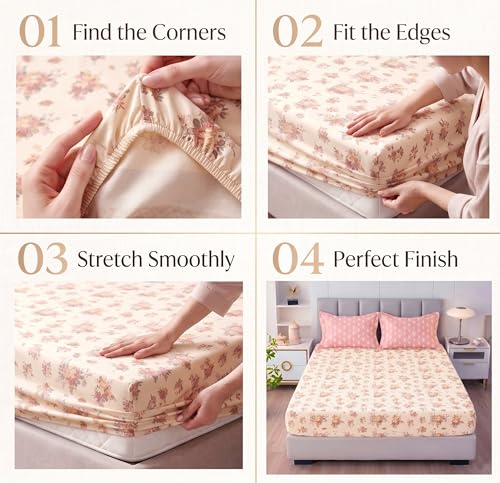 Image of BSB HOME 240 TC Cotton Feel Fitted Bedsheet for Double Bed, All-Round Elastic Deep Pocket, Soft Breathable Wrinkle Resistant & Skin Friendly Bed Sheet, Easy Care, 72 x 72 + 10 Inches - Blossom Pink
