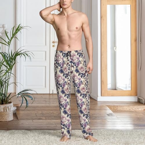 Mens Pajama Pants - Pink Flower Blueberry Print Soft Sleep Lounge Pants For Men, Casual Pj Bottoms With Pockets2