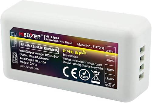LGIDTECH FUT036 Tira de luz LED de un solo color, 2.4 GHz, RF, inalámbrico, 4 zonas, caja receptora, utilizada para tira de luz LED 5050 2538 3528.