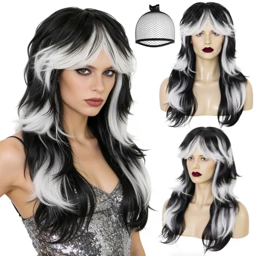 ANOGOL Hair Cap + Long Black and White Wig Black White Ombre Wolf Cut Wigs Vampire Cosplay Wig Women Layered Gradient Emo Wigs Curly Scene Hair Gothic Costume for Halloween Party Cosplay Carnival