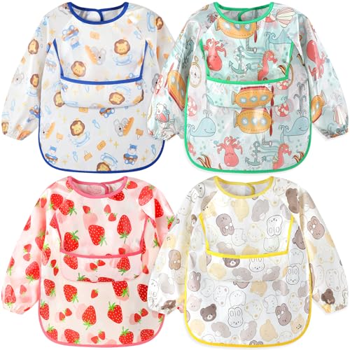 Image of Accmor 4 Pack Long Sleeve Baby Bibs, Waterproof Sleeved Bibs for Eating Feeding, Toddler Baby Girls Boys Smock Bibs