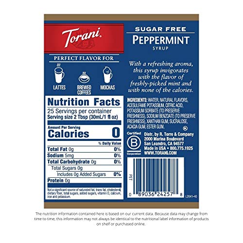 Image of Torani Sugar Free Peppermint Flavored Drink Syrup, 25.4 fl oz (Pack of 4)