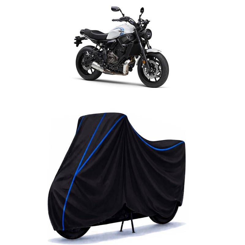 Image of XSR700 Bike Cover Water Resistant Universal Motorcycle Rain | Heavy Duty UV Protection, Dust, Scratch Indoor Outdoor All Weather with Black Blue Piping Elastic