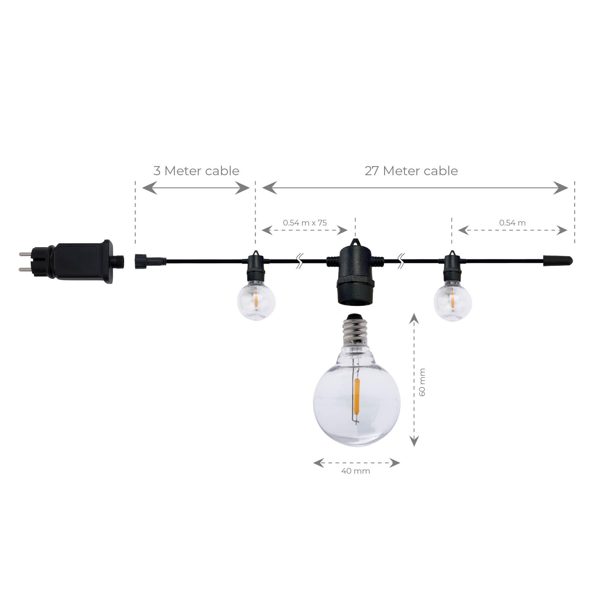 Ledvion - LED Lichterkette Außen, 27M, IP54, 15W, 2200K, 12V, Warm Weiß, Outdoor Lichterkette Strom, Gartenbeleuchtung, Wasserdicht