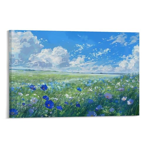 絵画 青空の下、美しい青い花畑 アートパネル ポスター 魅力的な色彩の花畑 美しい自然の風景 インテリア 絵画 モダン 風景画 装飾画 玄関 壁掛け キャンバス 飾り絵 シリーズ アートボード 部屋飾り 壁飾り 壁の絵 ソファの背景絵画 木枠付きの完成品