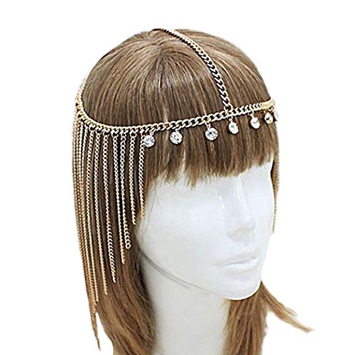Ibliss Boho Head Chain Headband Gold Crystal Headpiece Tassel Head Accessories Jewelry for Women and Girls