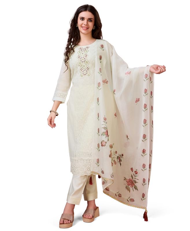 Image of MOJILAA Women Off-White Chanderi Silk Embroidered Chikankari Kurta With Pant & Dupatta | Chanderi Silk Salwar Suit | Chikankari Suit | Beads & Stones Kurta Set | Straight Salwar Kameez