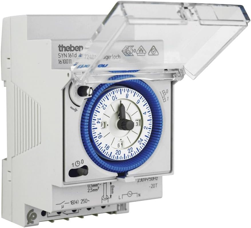 โ Theben easy to configure analogue time switch SYN 161 d - clock hands, 1 channel and daily program, 15 minutes switching time, for lighting/heating/pumps, 180 W LED 1610011