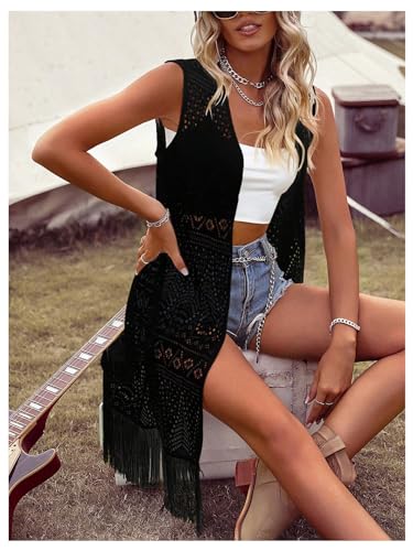 MakeMeChic Women's Fringe Vest Sleeveless Crochet Open Front Vintage Western Sweaters Cowboy Cardigan3
