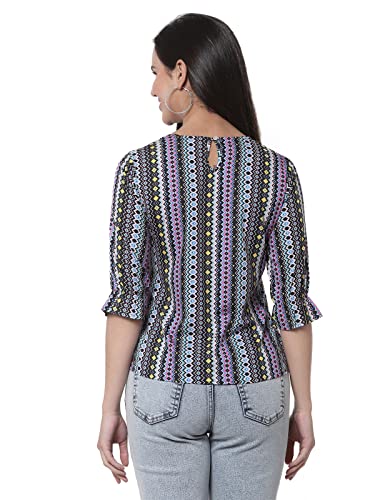 Image of Style Quotient Women Black and Multi Geometric Printed Polyester Smart Casual Top