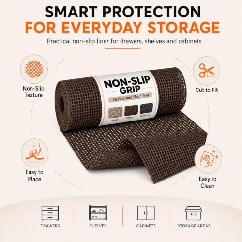 Image of Ash & Roh - Anti Slip Drawer Mat for Shelf and Shelves, Strong and Durable Non-Adhesive Grip Liner Mat for Bedroom Wardrobe Cabinet and Kitchen Place mats (WALLNUT (30x500))