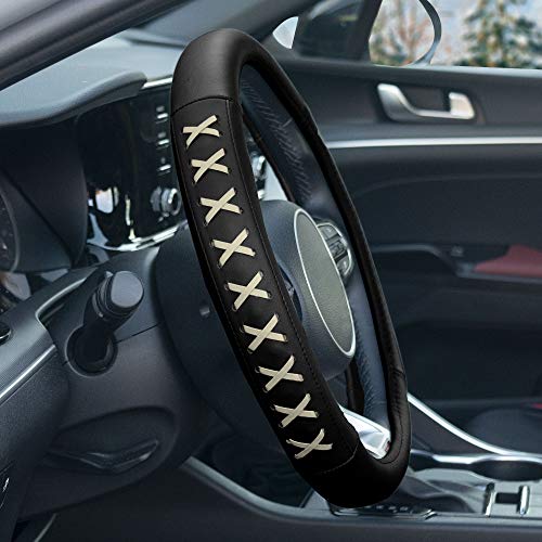 Image of FH Group Universal Fit 15 Inch Genuine Leather with Lace-Up Detailing Steering Wheel Cover fits Most Cars, SUVs Beige