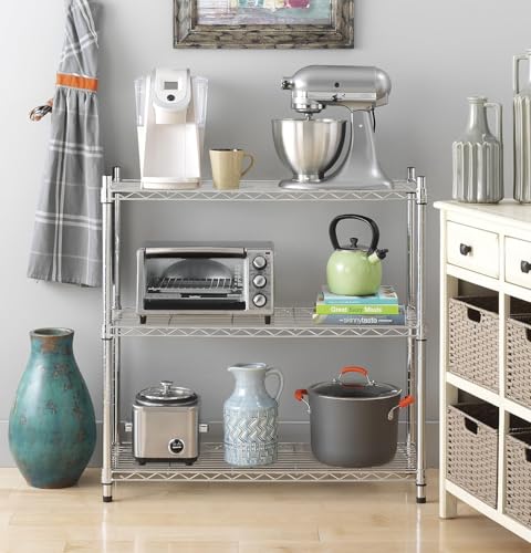 Image of Premium Heavy-Duty 3-Tier Chrome Metal Wire Storage Rack Shelf Organizer | Adjustable Multipurpose Freestanding Shelving Unit for Home, Office, Kitchen | Size 14 inch D x 24 inch W x 30 inch H Inch
