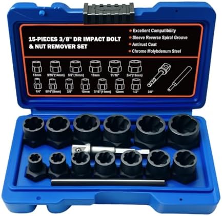 Greywolf Nut Extractor Set, 15 pcs Bolt Extractor Kit with 3/8 Inch Stripped Nut Remover, Easy-to-Remove Bolt Extractor Set for Rusted, Rounded, Damaged Nuts and Screws