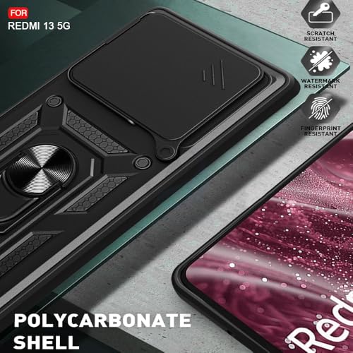 Image of AESTMO Tough Armor Redmi 13 5G / Poco M6 Plus 5G Bumper Back Case Cover | Ring Holder & Sliding Camera Shield Cover | 360 Degree Protection Back Case Cover for Redmi 13 5G / Poco M6 Plus 5G (Black)