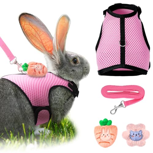 Image of Easter Bunny Costume Rabbit Harness and Leash Set with 2 Cute Decorations Bunny Clothes Adjustable Buckle Breathable Mesh Vest Harness for Rabbits Ferret Small Pig Puppy(Pink,Cute Pattern)
