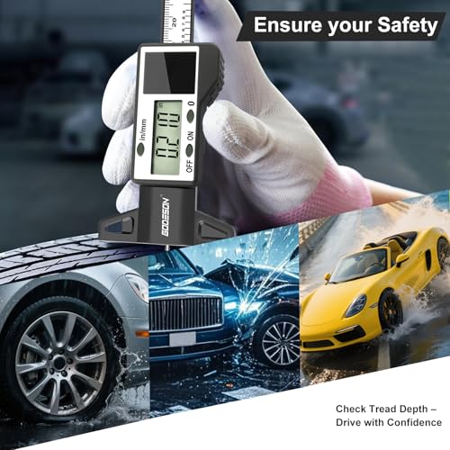 Image of GODESON Digital Tire Tread Depth Gauge, Solar & Battery Power,1 inch / 25.4mm Range, Inch /MM Display, Black Universal Tire Wear Depth Gauge for All Vehicles (Car, Truck, SUV)