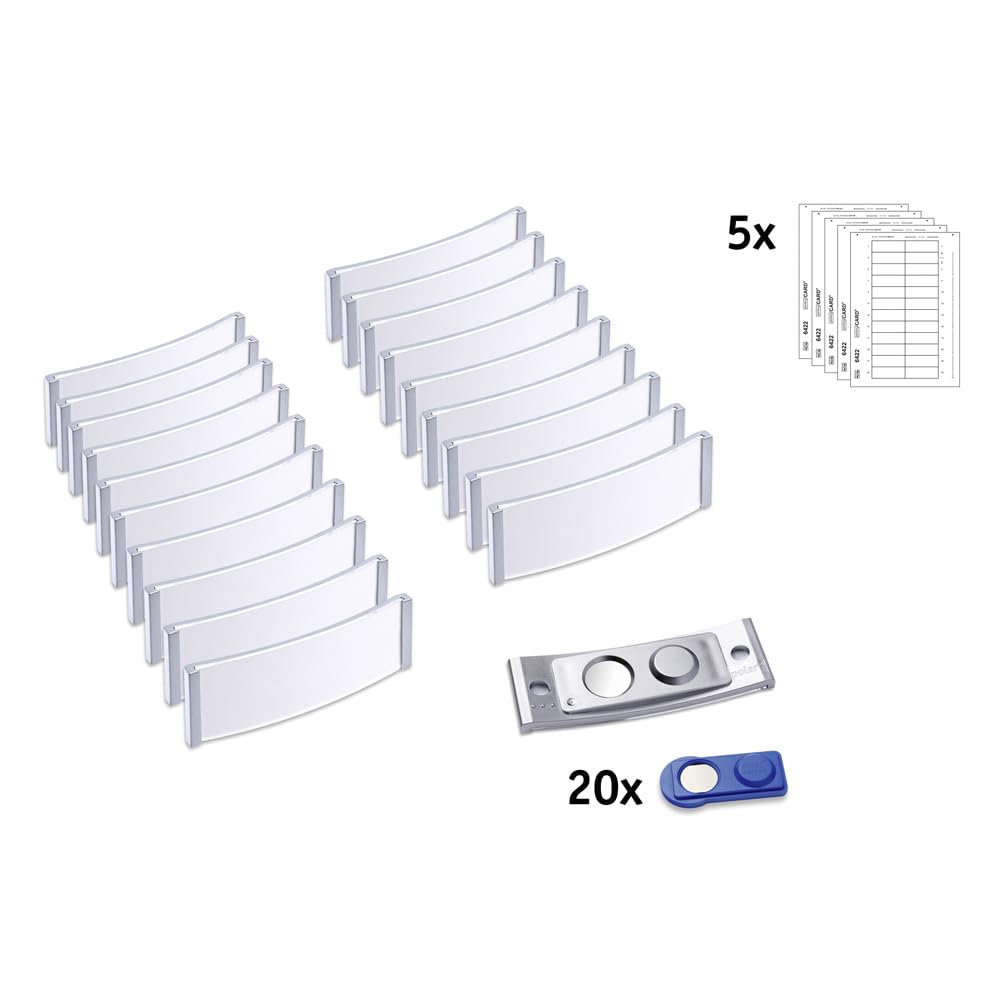 AVERY Zweckform polar20 Namensschilder 20 Stück (68x22mm, 20 Schilder mit Magnet, verdrehsicher, mit blanko Einsteckschildern zum Bedrucken, magnetische Namensschilder für Kleidung) edelstahl matt