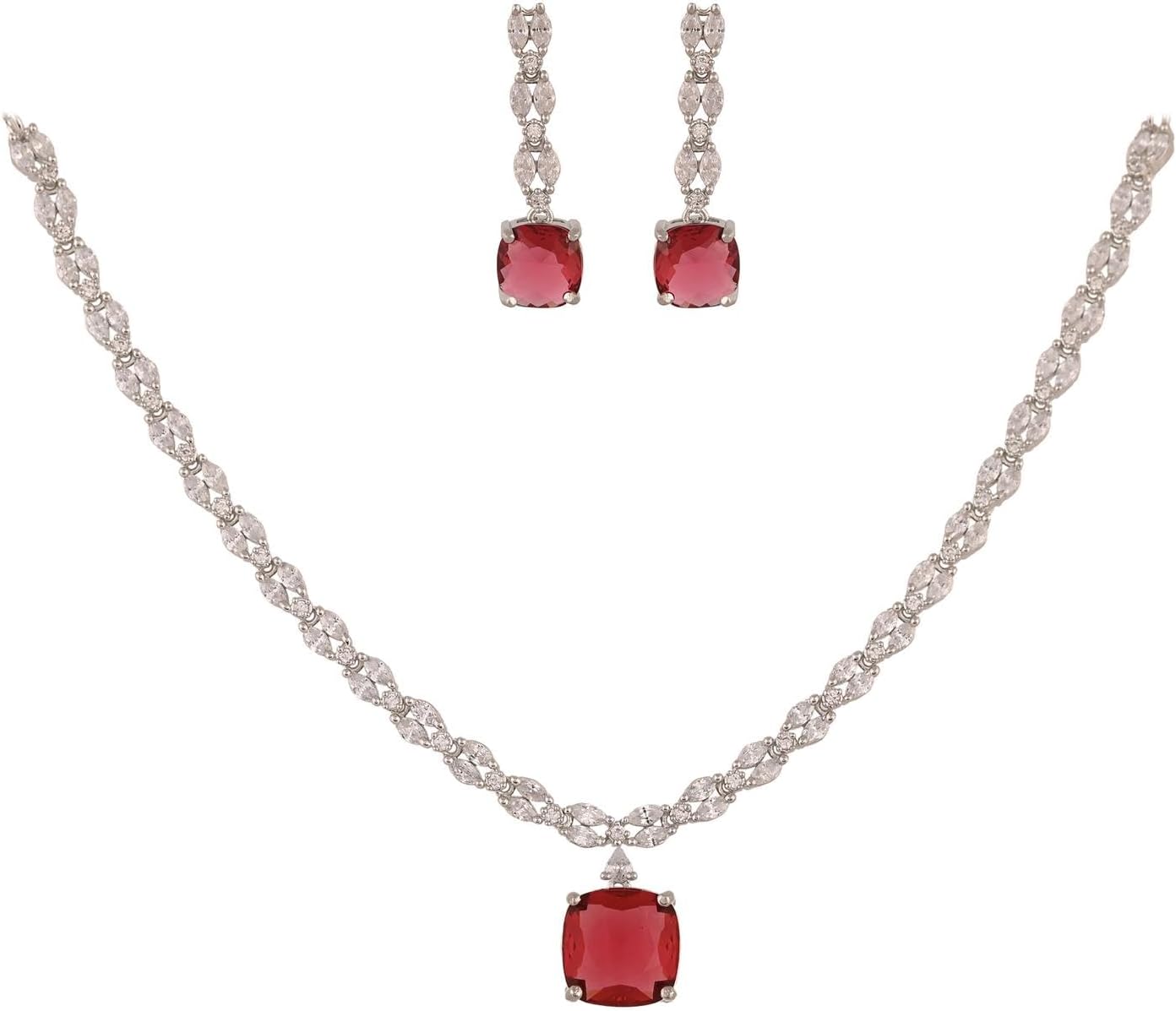 Ratnavali Jewels Women's Silver Tone Red Pink Cubic Zirconia Necklace Earrings Set for Brides & Weddings.