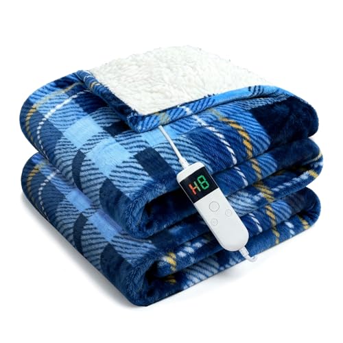 Image of Electric Blanket Heated Queen, Soft Flannel 90 inchx84 inch Plaid Heating Blanket with 8 Hours Auto Off 10 Fast Heating Levels Machine Washable Sherpa Heated Blanket with Overheating Protection