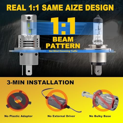 KIMLATAR Latest H4 Light Bulbs Hi/Low Super Bright Upgraded 900% 60000LM Brightness,1:1 Halogen Mini Size,10-Year Lifespan,Plug and Play,H4/9003 Fog Bulbs,Pack of 2 — view 3