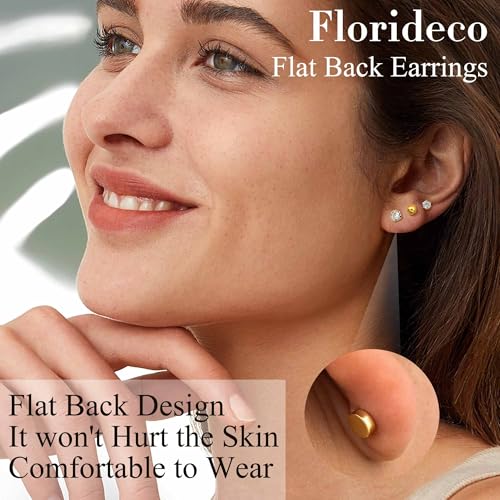 Florideco Small Hypoallergenic Flat Back Stud Earrings for Women Men 14K Gold Plated Surgical Stainless Steel Earrings Tiny Stud Earring Screw Back Cartilage Earring Set for Multiple Piercing2