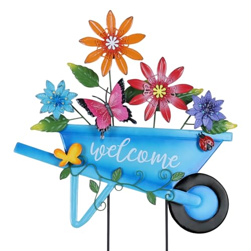 YEAHOME Garden Decor for Outside 25 Decorative Garden Stakes Metal Wheelbarrow with Flowers for Spring Decor Butterfly Cart Welcome Yard Signs for Outdoor Lawn Backyard Porch Pathway Decorations
