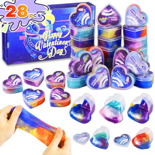 28 PCS Slime Party Favors, Non-Sticky, Mess-Free, Stress Relief, Safe Toys for Kids, Classroom Reward, Party Supplies, Classroom Exchange Cards for Kids
