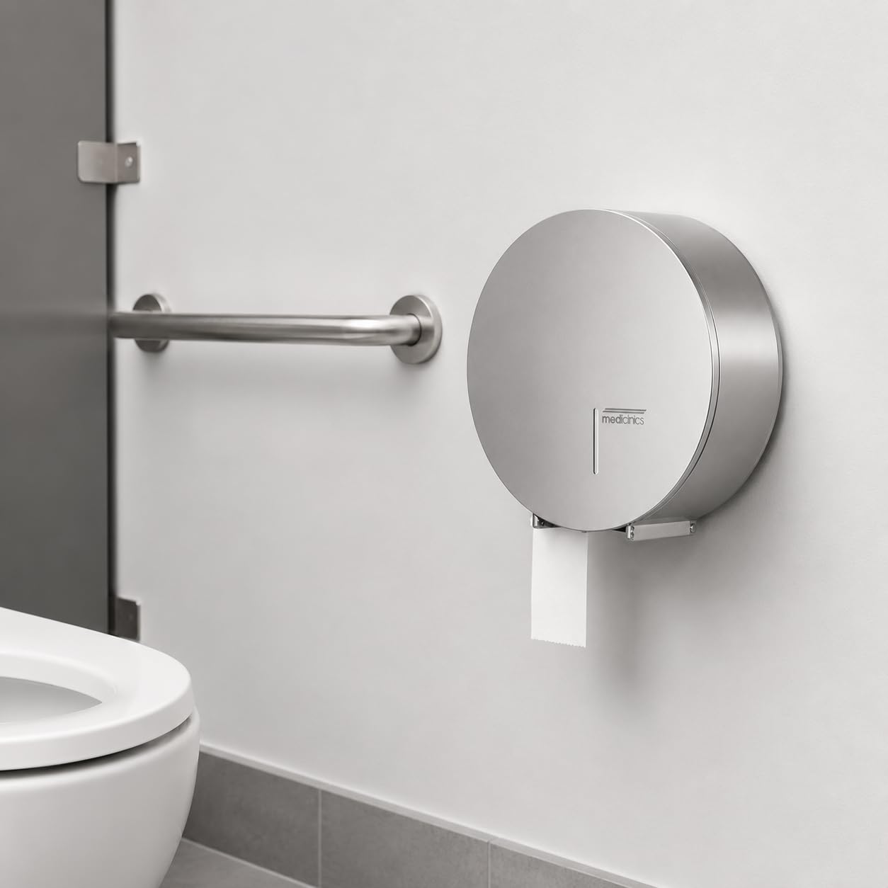 Mediclinics - Dispenser di carta igienica industriale per bagni pubblici e collettività, portarotolo circolare per bobina, diametro 230 mm, in acciaio inox lucido