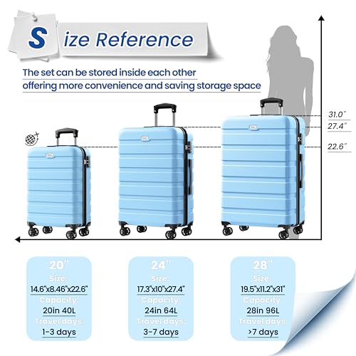 Image of AnyZip Luggage PC ABS Hardside Lightweight Suitcase with 4 Universal Wheels TSA Lock 20 24 28 Inch, LightBlue, 3 piece set (20 /24 /28), Fashion