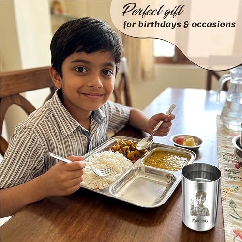 Image of SAVRI Personalized Kids Stainless Steel Dinner Set - Custom Laser Photo & Name Printed 3-Compartment Plate, Spoon, Fork & Glass | 4-Piece Baby Toddler Feeding Set | Birthday & Return Gift