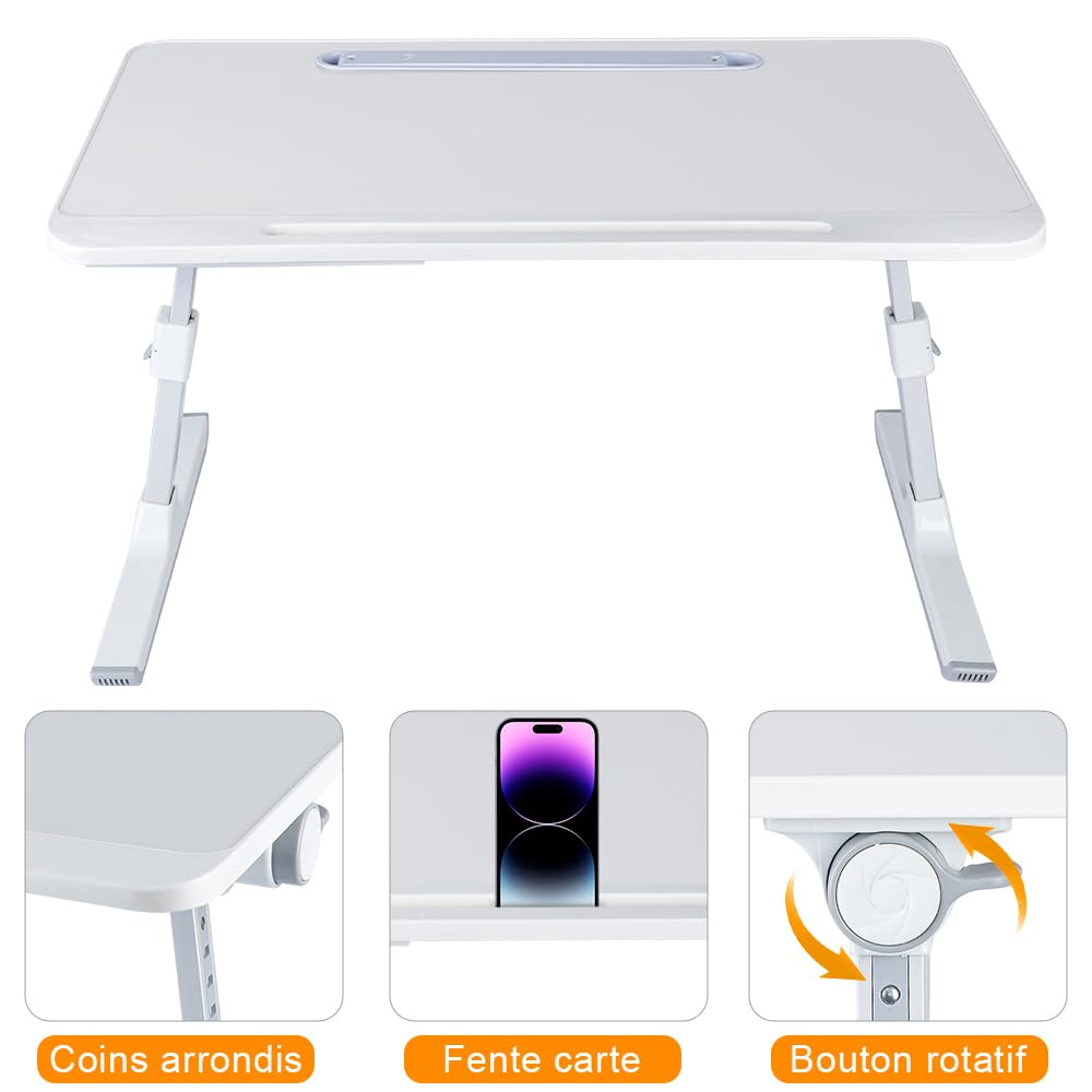 Table d’Ordinateur en Bambou Pliable Réglable avec Tiroir, Support Portable pour Lit Canapé, Blanc 60x40x27-40cm
