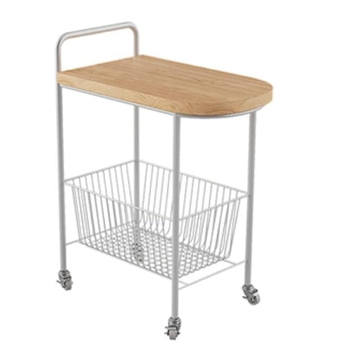 Carrito de cocina rodante de 2 niveles con ruedas, carrito de metal para el hogar y el hotel, diseño versátil blanco y madera, perfecto para suministros de nizing