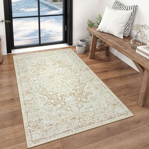 KUTA Vintage Floral Rug 3x5, Area Rugs for Living Room Beige Yellow Washable Kitchen Carpet Non-Slip, Ultra Soft Printed Distressed Vintage Entry Low-Pile Throw for Living Room Dorm Décor