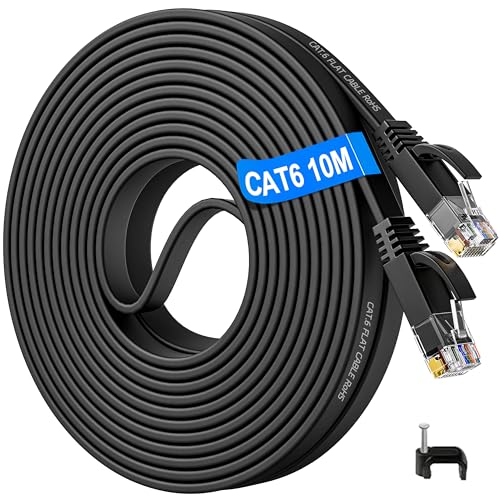 LAN Kabel 10 Meter Cat 6, Flach Netzwerkkabel 10m High Speed Ethernet Kabel D&uuml;nn Schwarz RJ45 Patchkabel Gigabit Wlan Internet Kabel 10/100/1000Mbit/s, kompatibel zu Cat.5 Cat.5e - Router Switch Modem