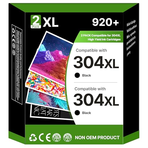 304XL Ink Cartridges Compatible for HP 304 XL Black for HP DeskJet 2620 2622 2630 2632 2633 2634 3720 3730 3733 3735 3750 3760 ENVY 5010 5020 5030 5032 5055 AMP 120 131 Printers (2-Black)