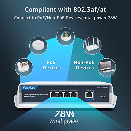 Image of YuanLey 4-Port PoE Switch Gigabit- Waterproof Outdoor Ethernet Unmanaged Network Switch with VLAN Function, 78W Built-in Power, IEEE802.3af /at Support and Plug & Play, Ideal for Outdoor Use