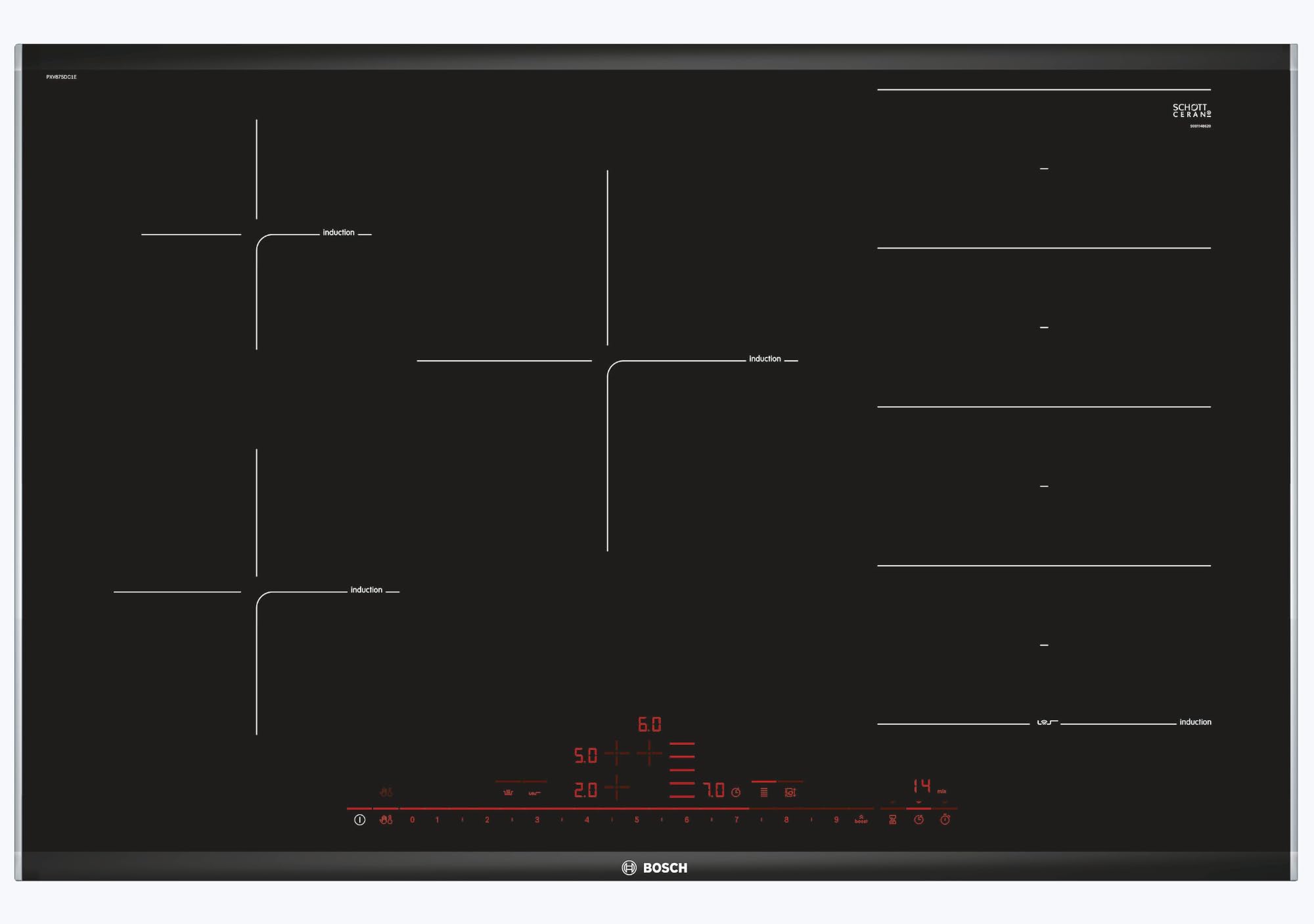 Bosch Serie | 8 PIE875DC1E - Placa de inducción, 80 cm, 4 Zonas de Cocción, Gran zona 28 cm, Color Negro