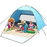 Strandmuschel, HAOYAO 2-4 Personen Strandmuschel UV Schutz 50+ Strandmuschel XXL Familie Wurfzelt mit Vorder und Hintertür Windschutz Kleines Packmaß Strandzelt für Strand, Garten (Blau)