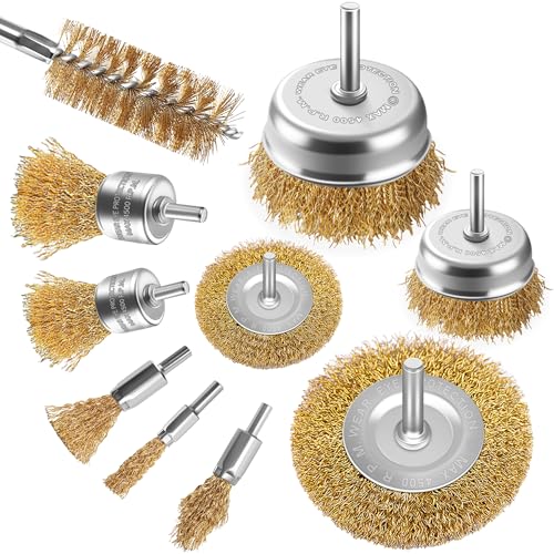 Wire Wheel Brush Drill 10 Piece Set, Brass Coated Wire Brush Wheel Set with 1/4-Inch Shank Brush Kit Cup Brush and Tube Brush Kit for Cleaning, Rust Removal, Polishing, Deburring & Paint Removal