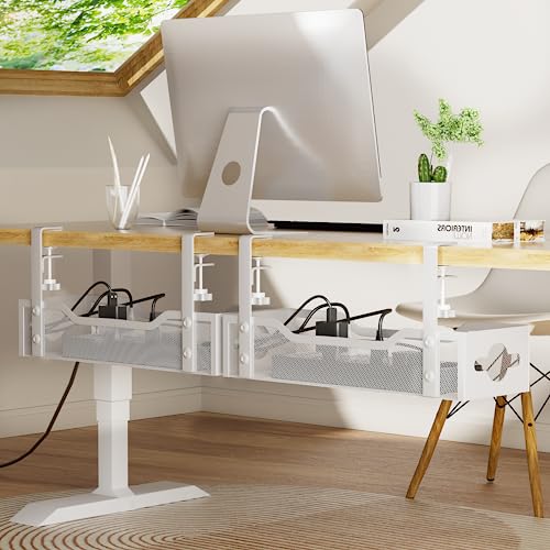 Image of Under Desk Cable Management Tray 2 Pack, Cable Management Under Desk No Drill, Desk Cable Organizer with Clamp Easy to Install for Standing Desk Cord Organizer, Desk Wire Management No Damage to Desk